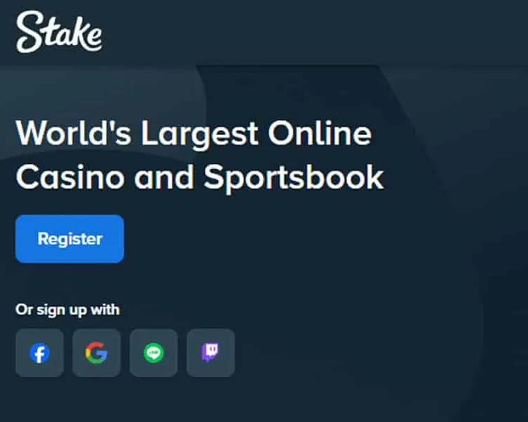 Stake home page with the Register button and social sign-up options