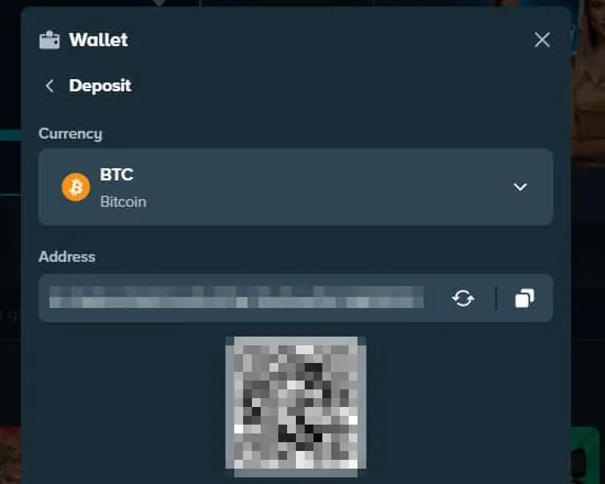 Stake Deposit window with the Currency menu set to BTC