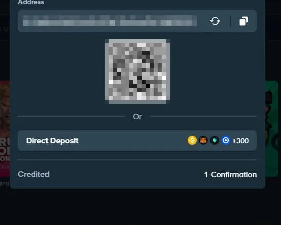 Stake Deposit window with the BTC address, the QR code and the line Credited: 1 Confirmation