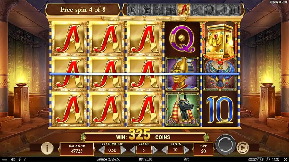 Ace Expanding Symbols appearing on three reels in Legacy of Dead slot, creating high win potential.