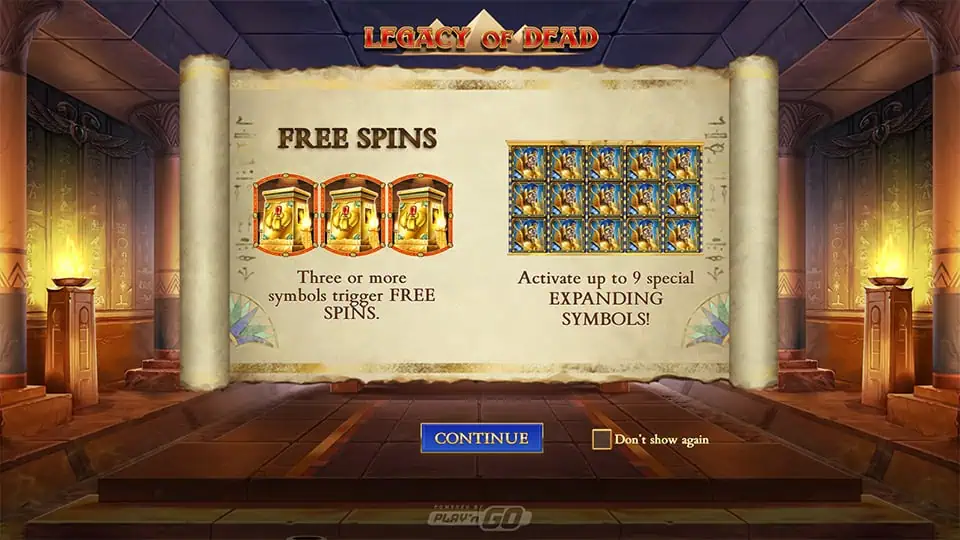 Homepage of Legacy of Dead slot introducing game features and special mechanics.