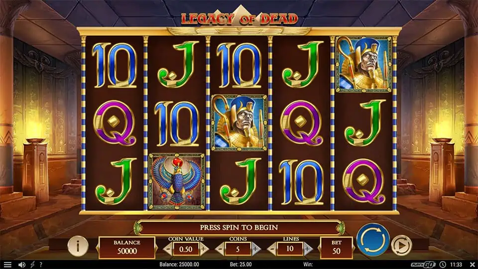 Preview of Legacy of Dead slot showing the reels and Egyptian-themed symbols in action.