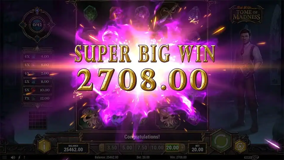 Super Big Win screen in Rich Wilde and the Tome of Madness slot displaying a €2,708 payout.