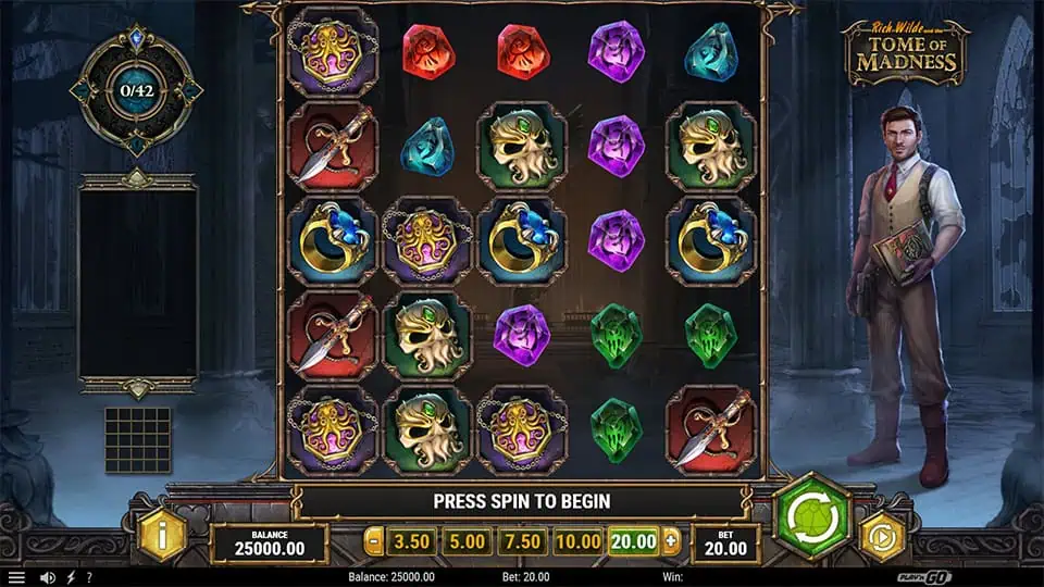 Preview of Rich Wilde and the Tome of Madness slot showing the reels and occult-themed symbols.