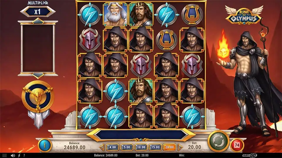 Hades Feature in Rise of Olympus slot, transforming symbols into himself for potential wins.