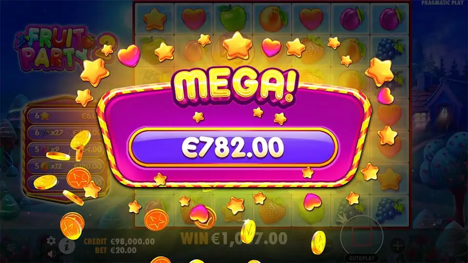 Mega win screen in Fruit Party 2 slot displaying a €782 payout.