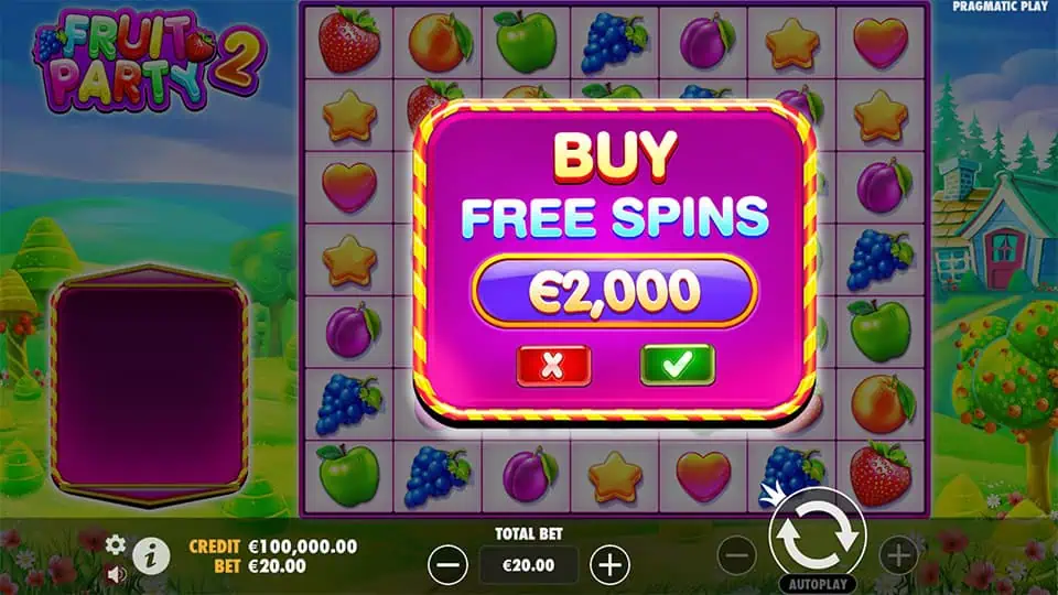 Buy Free Spins feature in Fruit Party 2 slot, available for x100 the bet.