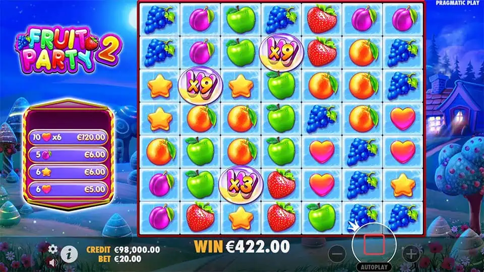 Wild Multiplier symbols with x9 x9 and x3 values appearing in Fruit Party 2 slot.