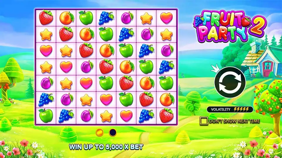 Homepage of Fruit Party 2 slot introducing game features and special mechanics.