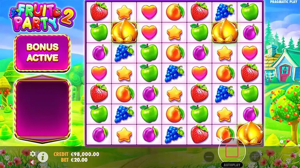 Three Scatter symbols appearing in Fruit Party 2 slot, triggering the Free Spins bonus round.