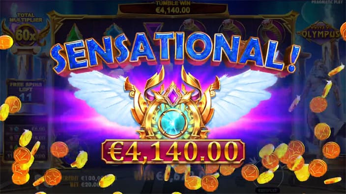 Sensational win screen in Gates of Olympus slot displaying a €4,140 payout.