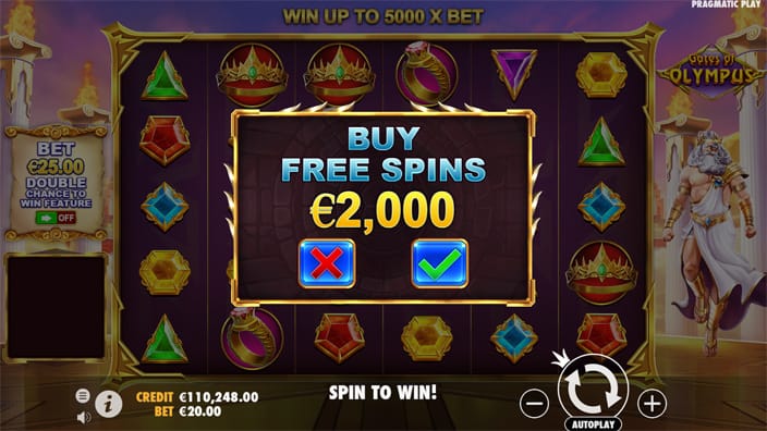 Buy Free Spins feature in Gates of Olympus slot, available for x100 the bet.