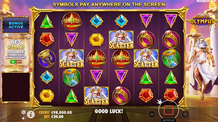 Four Scatter symbols appearing in Gates of Olympus slot, triggering the Free Spins bonus round.