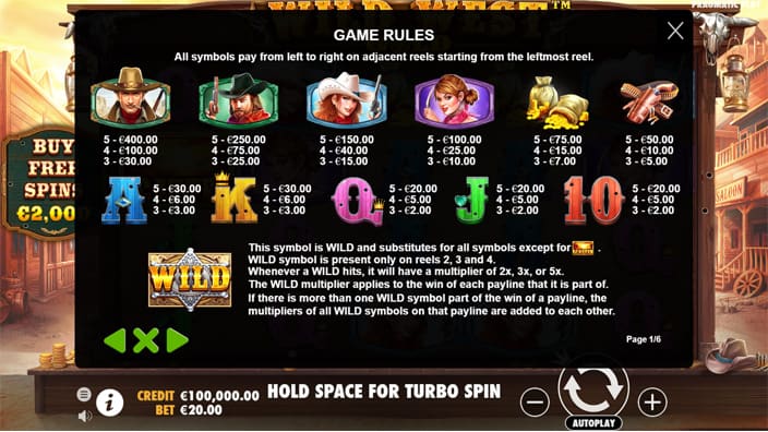 Wild West Gold slot paytable