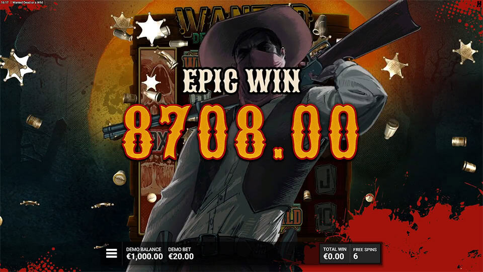 Epic Win animation with masked bandit holding a rifle as bullets and badges fly across the screen.