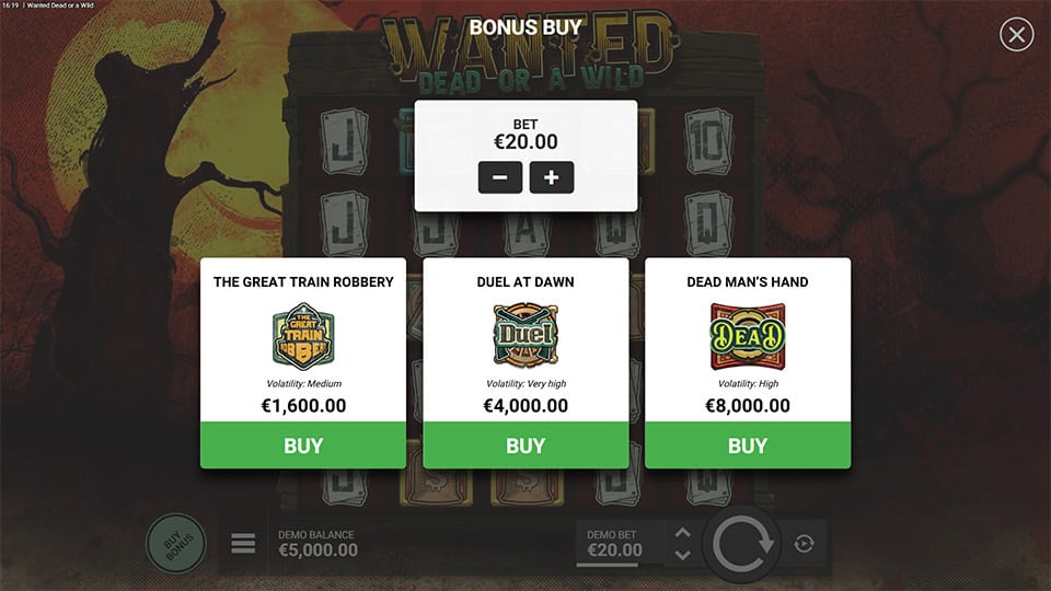 Feature buy menu offering three modes: Duel at Dawn, Dead Man’s Hand, and Train Robbery.