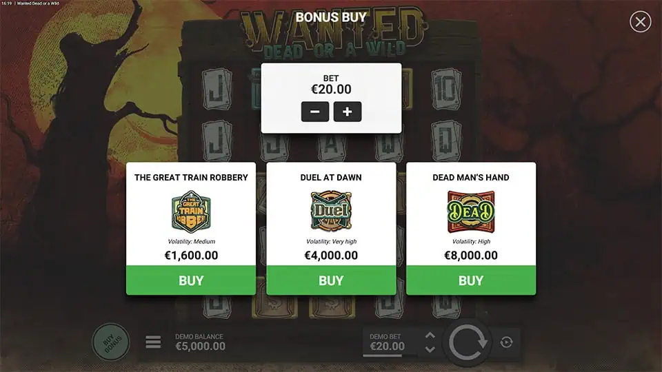 Feature buy menu offering three modes: Duel at Dawn, Dead Man’s Hand, and Train Robbery.