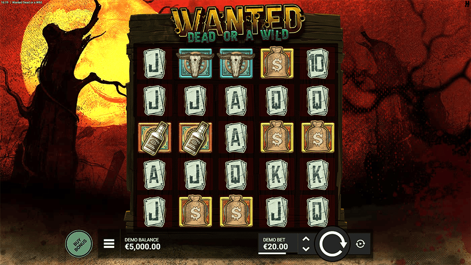 Grid filled with whiskey bottles, cash stacks, and classic card symbols over a dusty western backdrop.