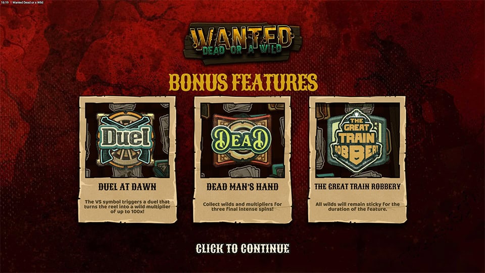 Intro screen highlighting Duel at Dawn, Dead Man’s Hand, and Train Robbery features with bonus symbols.