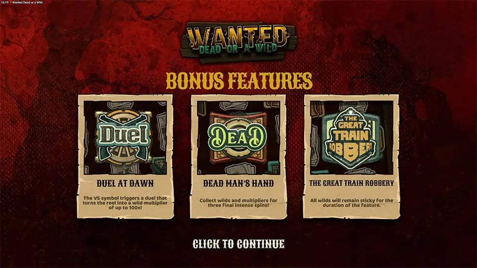 Intro screen highlighting Duel at Dawn, Dead Man’s Hand, and Train Robbery features with bonus symbols.