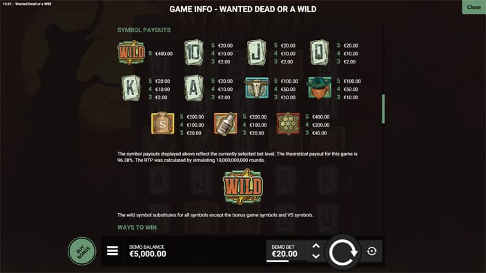 Wanted-Dead-or-a-Wild-slot-paytable