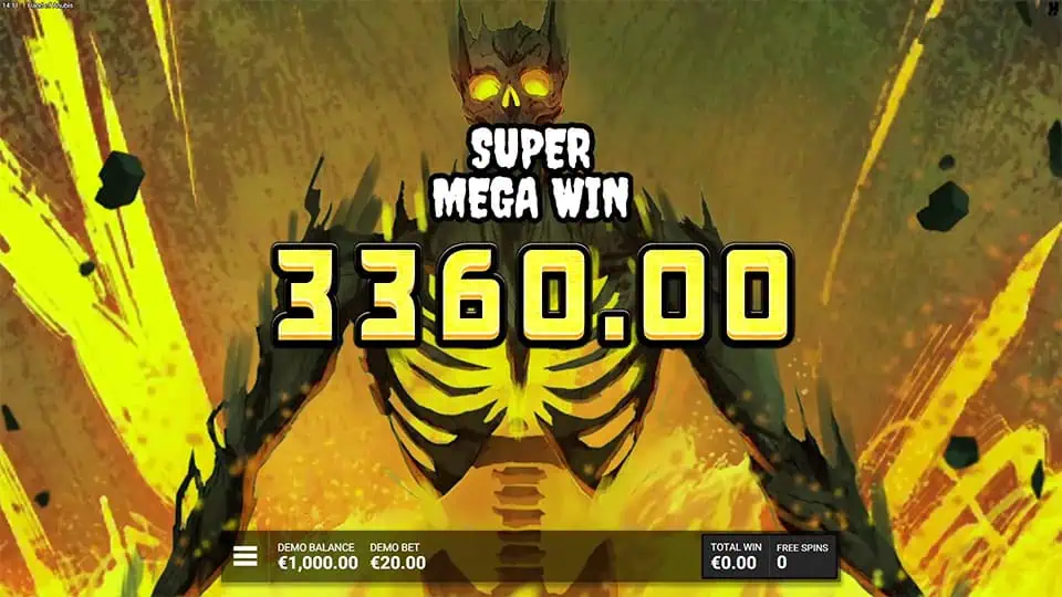 Super Mega Win screen in Hand of Anubis slot displaying a €3,360 payout.