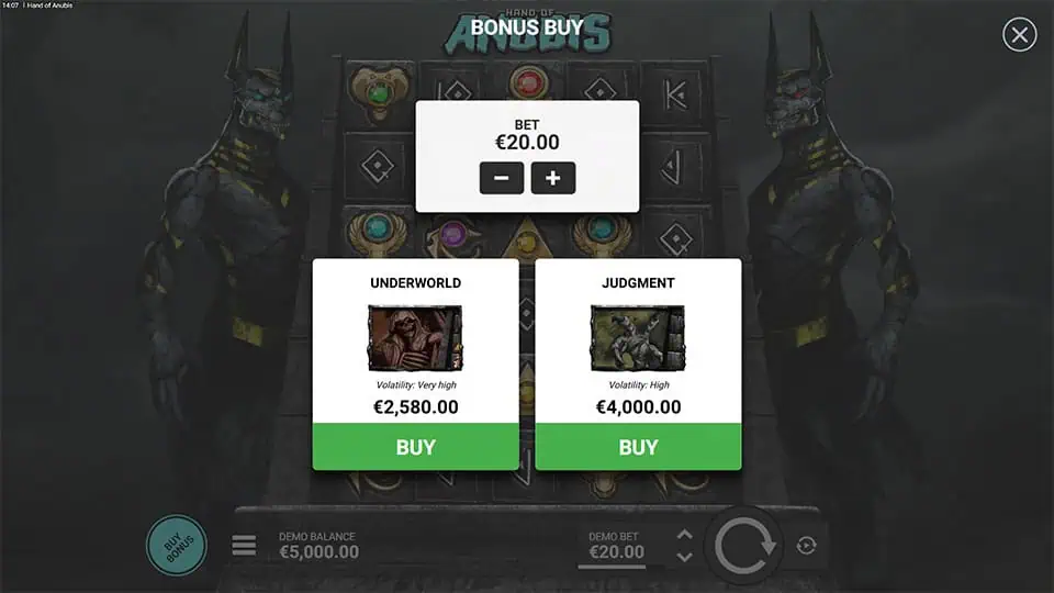 Buy Free Spins feature in Hand of Anubis slot with Underworld Bonus for x129 bet and Judgement Bonus for x200 bet.