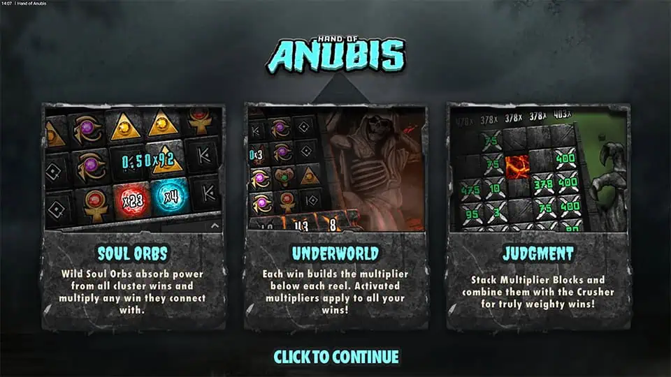 Homepage of Hand of Anubis slot introducing game features and special mechanics.