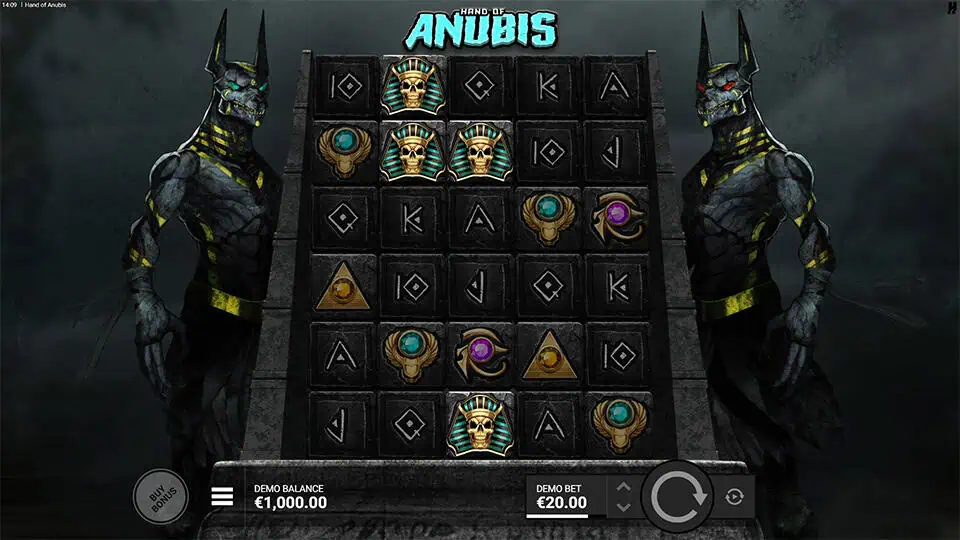 Four Scatter symbols appearing in Hand of Anubis slot, triggering the Judgement Bonus feature.