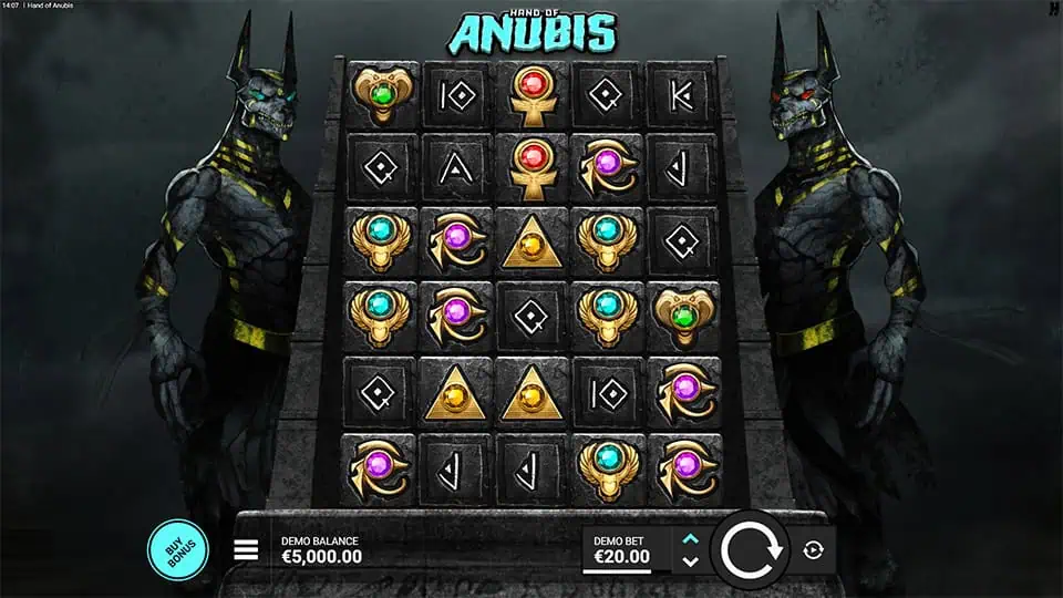 Preview of Hand of Anubis slot showing the reels and dark Egyptian-themed symbols.