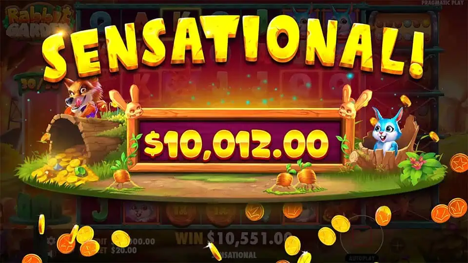 Sensational win screen in Rabbit Garden slot displaying a €10,012 payout.