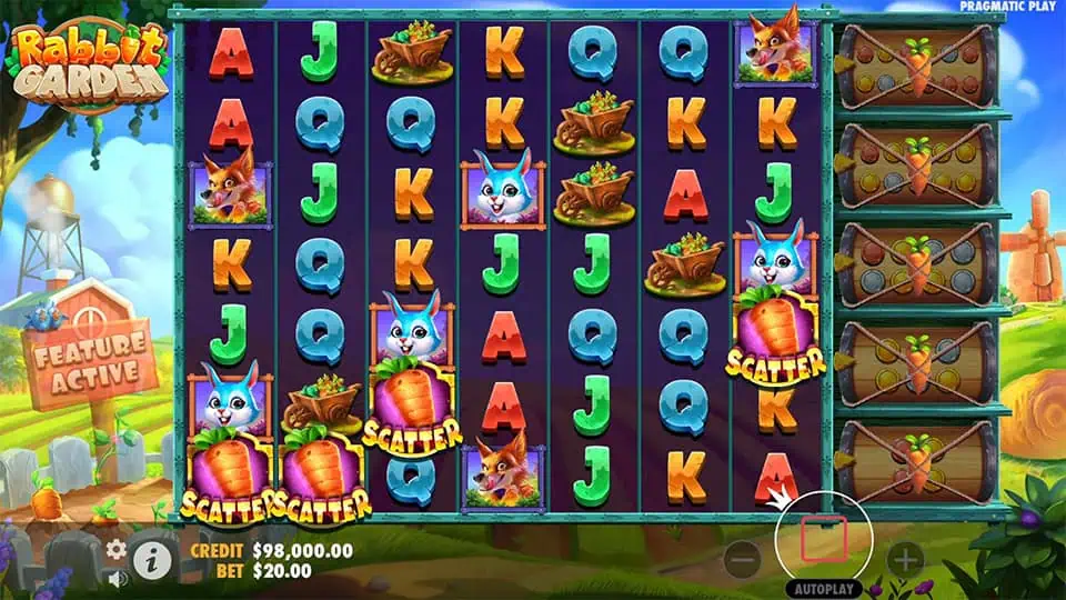 Four Carrot Scatter symbols appearing in Rabbit Garden slot, triggering the Free Spins bonus round.