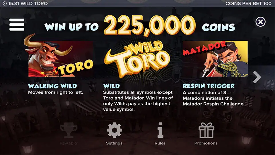 Wild Toro slot features