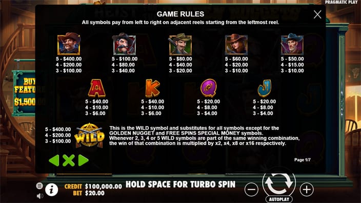 Heist for the Golden Nuggets slot paytable
