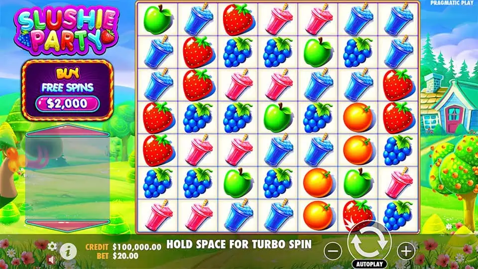 7x7 grid gameplay of Slushie Party slot with colorful slushie symbols.