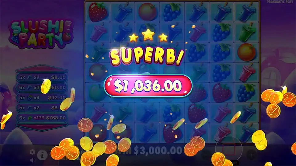 Big win screen in Slushie Party showing colorful symbols and multipliers.