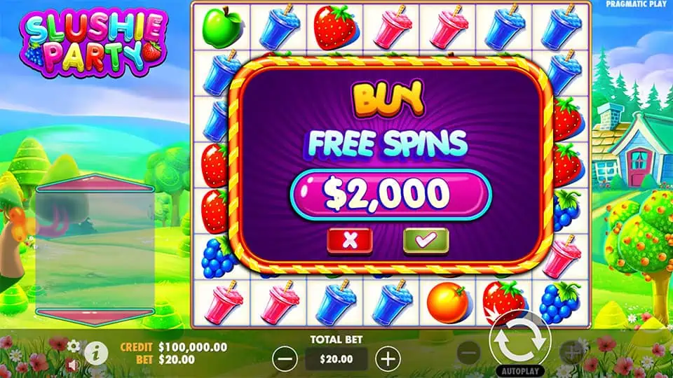 Buy Free Spins option in Slushie Party slot showing the cost of 100x the bet.