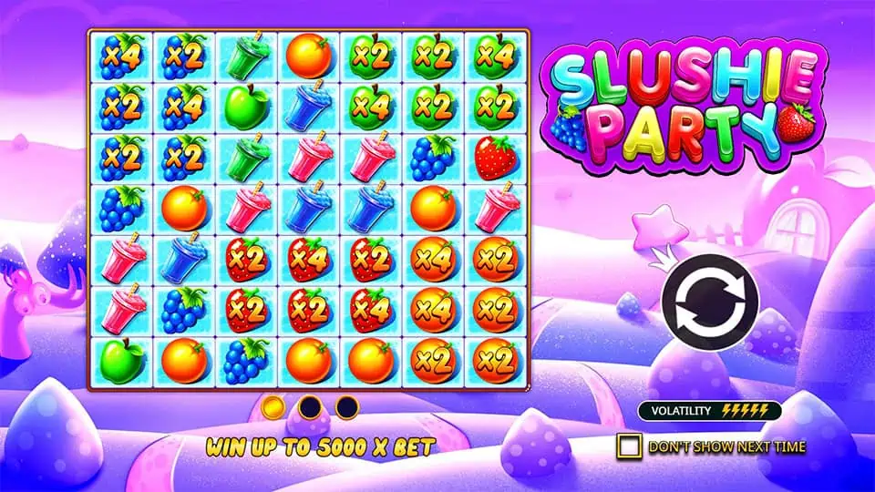 Homepage view of Slushie Party slot showing bright visuals and feature highlights.