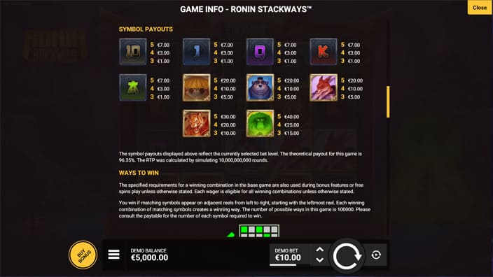 Ronin Stackways slot paytable