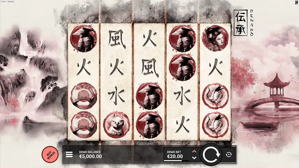 Preview of Densho slot showing the reels and Japanese-inspired symbols in action.