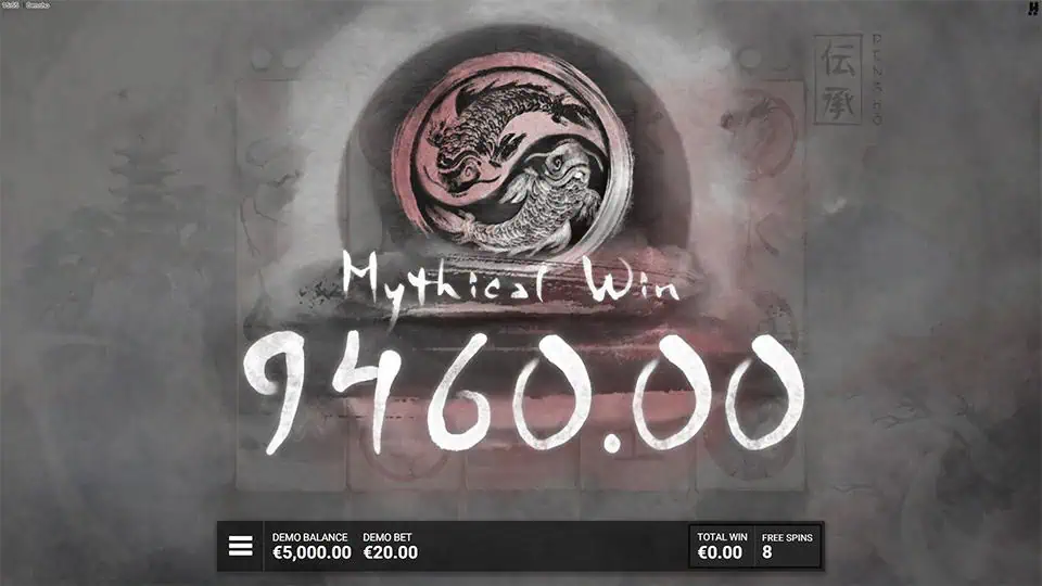 Mythical win screen in Densho slot displaying a €9,460 payout.