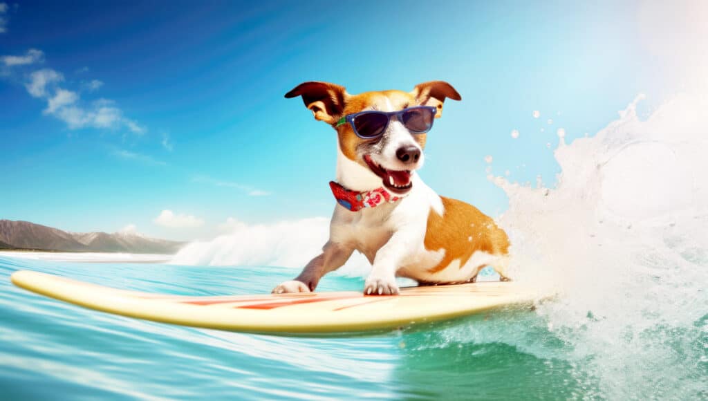 jack russell dog surfing on a wave , on ocean sea on summer vacation holidays, with cool sunglasses and flower chain.
