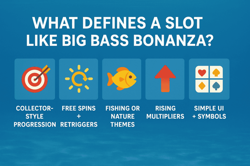 Visual summary of five gameplay elements found in Big Bass-style slots: free spins, progression, nature theme, multipliers, and simple layout.