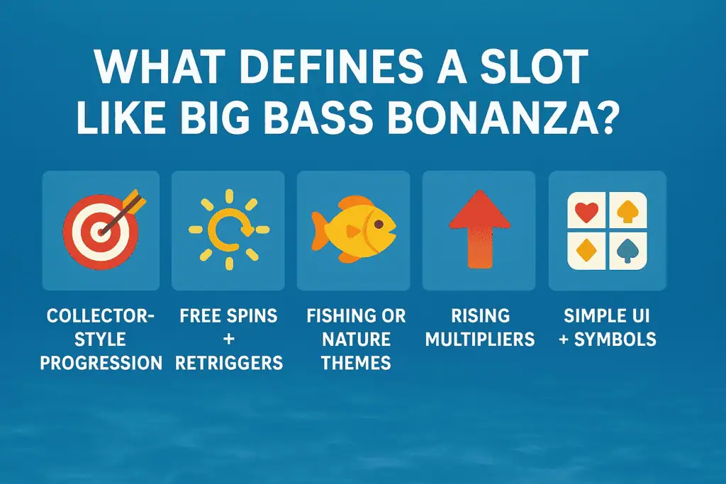 Visual summary of five gameplay elements found in Big Bass-style slots: free spins, progression, nature theme, multipliers, and simple layout.