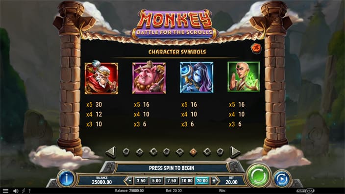 Monkey Battle for the Scrolls slot paytable