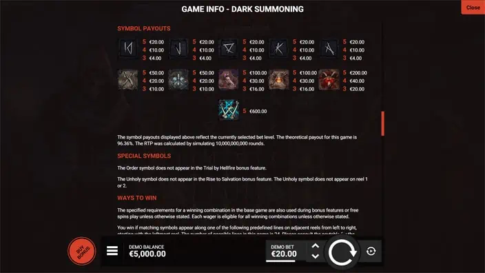 Dark Summoning slot paytable