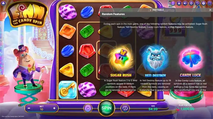 Finn and the Candy Spin slot features