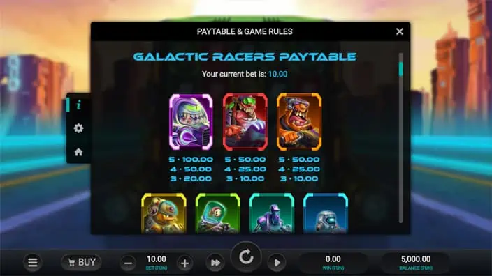 Galactic Racers Dream Drop slot paytable