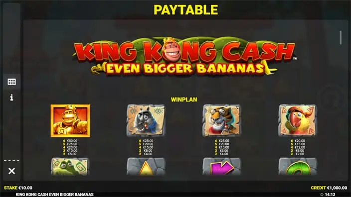 King Kong Cash Even Bigger Bananas slot paytable