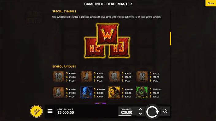 Blade Master slot paytable